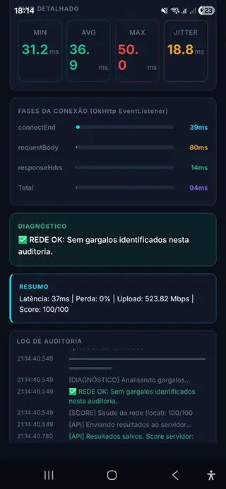 NetAudit Pro app Android - tela de diagnostico de rede com ping 37ms, upload 523Mbps e score 100/100