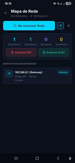 NetAudit Pro app Android - mapa de rede corporativa com dispositivos, roteadores e servidores identificados