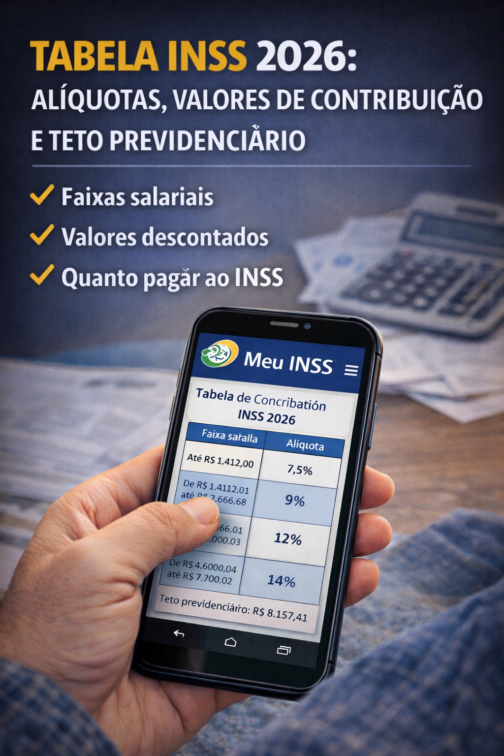 Tabela INSS 2026: alíquotas, valores de contribuição e teto previdenciário