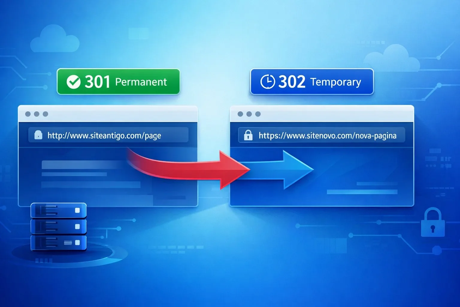 Gerador de Redirect 301 e 302: setas entre URL antiga e URL nova com cadeado HTTPS
